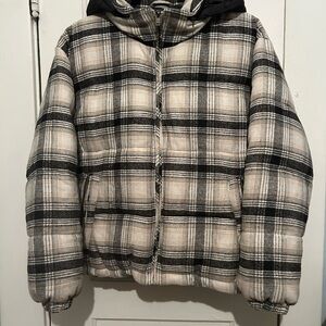 American Eagle Plaid Puffer Jacket Hidden Hood Zip Black White Women’s Medium